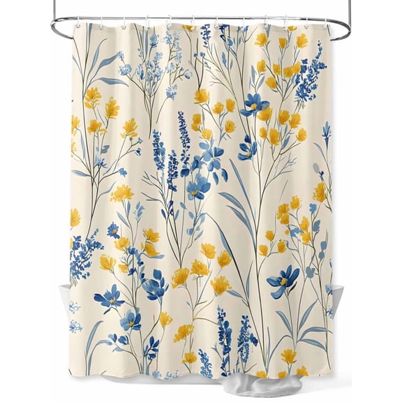 Fsddascl Blue Yellow Flowers Shower Curtain Set - Standard 72" x 72" Washable Bathtub Curtain with 12 Hooks, Botanical Blossom Motif Waterproof Fabric Stall Shower Curtains for Bathroom/Bathtub