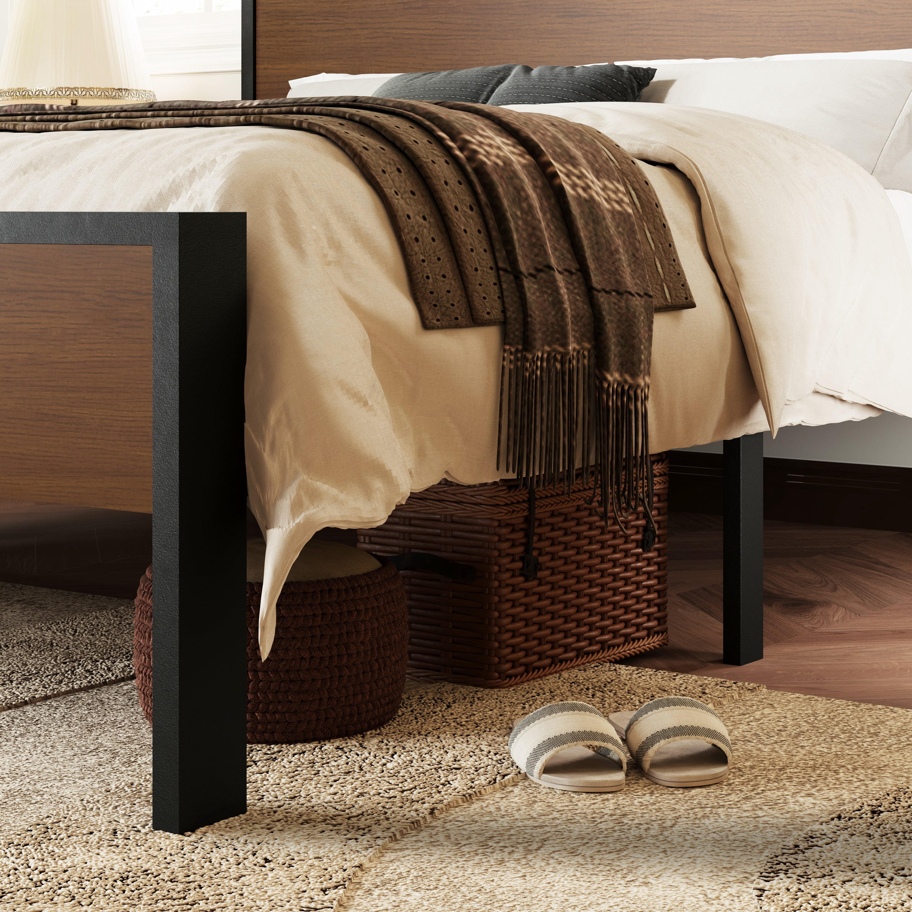 Allewie Full Size Bed Frame, Heavy Duty Metal Platform Bed with Wooden Industrial Headboard & Footboard, No Box Spring Needed, Walnut