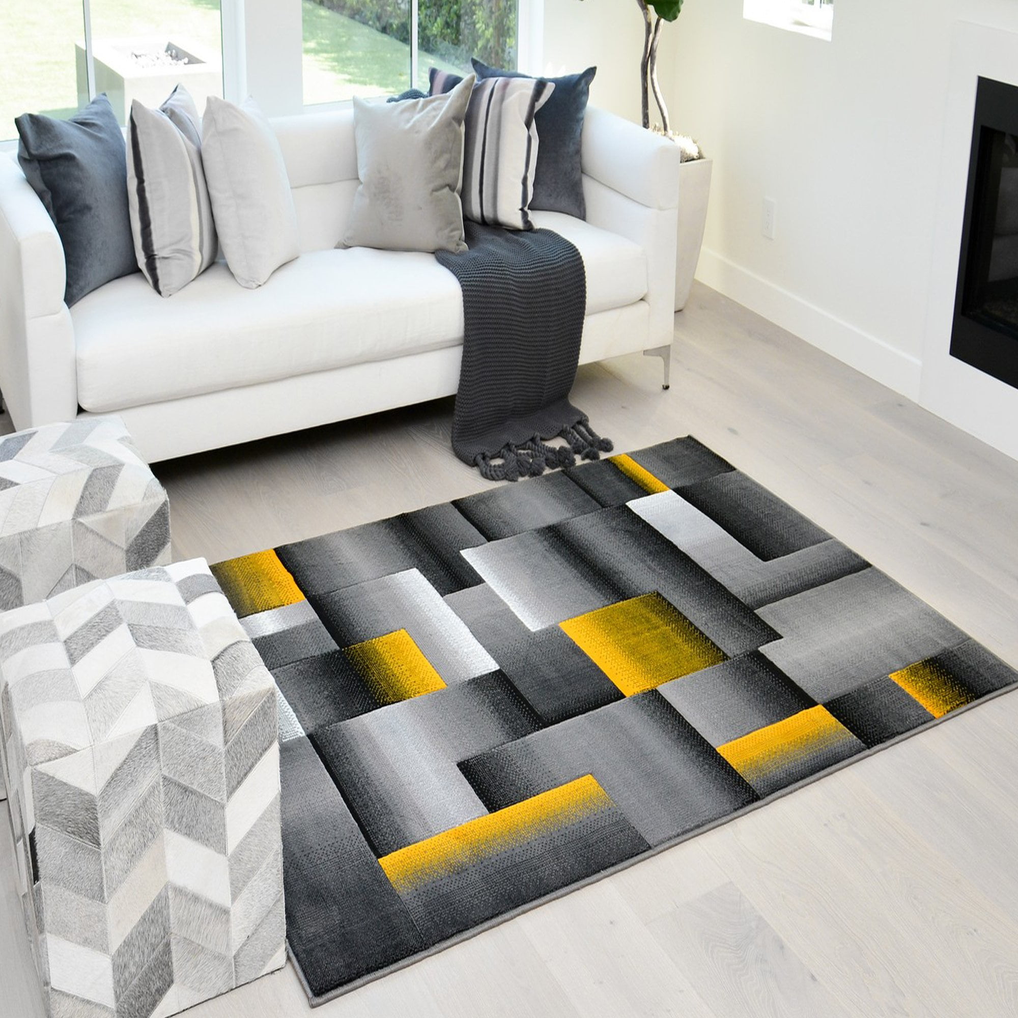 Handcraft Rugs Abstract Geometric Modern Squares Pattern Yellow/Silver