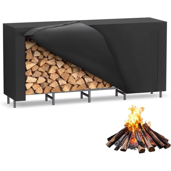 12.7FT Outdoor Firewood Rack with 600D Waterproof Cover, Heavy Duty Metal Log Holder Stand for 3/4 Cord Firewood, Indoor Outdoor Patio Fireplace Log Storage, Black