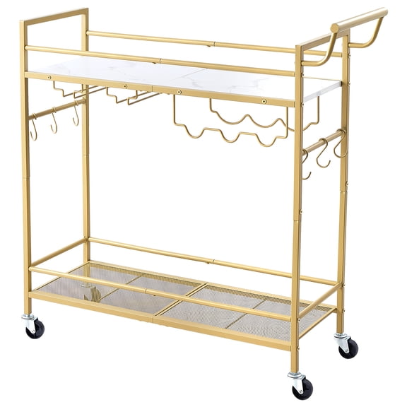 KFFKFF 2-Tier Bar Cart with Wheels, Rolling Utility Cart for Kitchen and Home, Mobile Beverage Trolley with Wooden and Mesh Shelves, Wine Rack, Glass Holder, 33.86x11.81x32.68 in, Gold