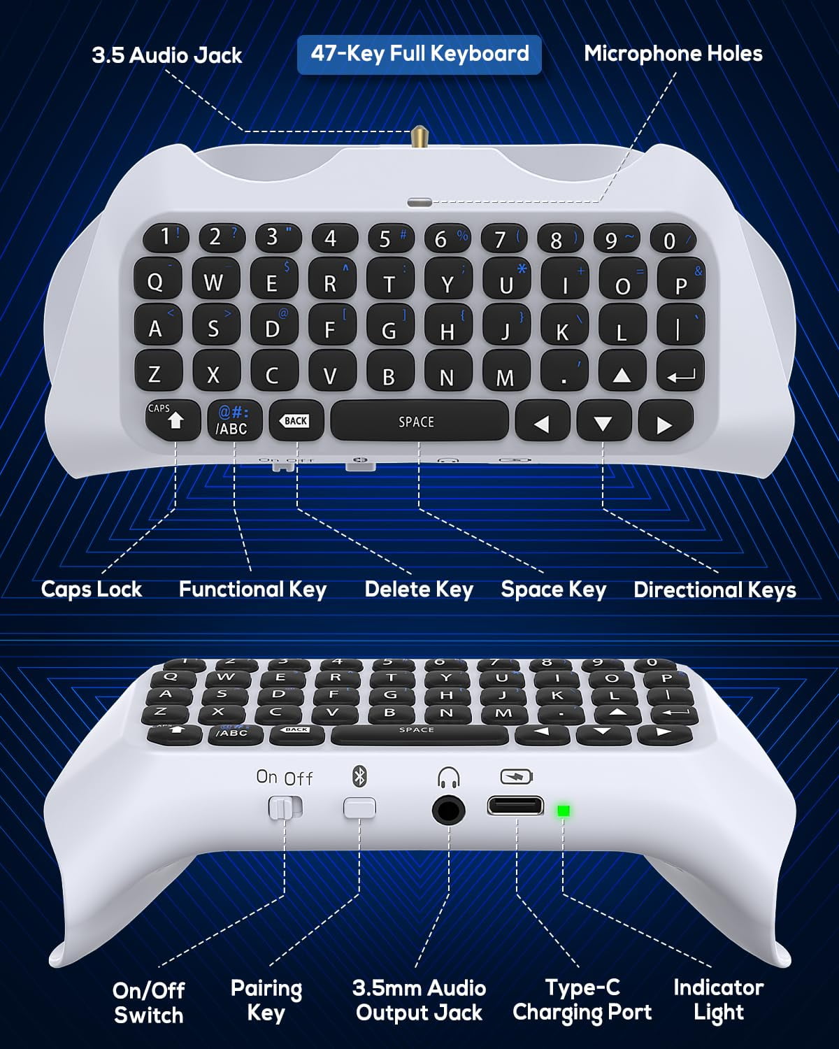 Bluetooth 3.0 Wireless Controller Keyboard for PS5/PS5 Pro,Mini Portable Gamepad Chatpad with Built-in Speaker&3.5MM Audio Jack, Voice Chat Board for Messaging&Gaming Live Chat,White