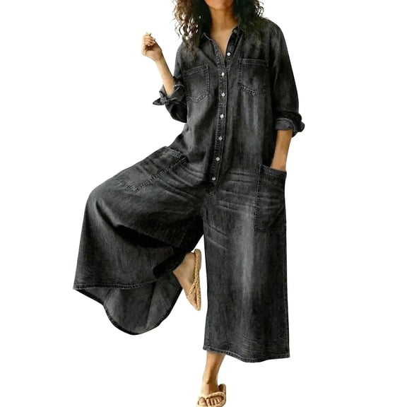Chuancc Women's Jumpsuits Elegant Business Casual Button Down V Neck Long Sleeve Strap Straight Long Pants With Pockets Black L