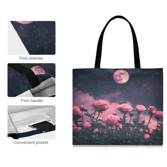 Canvas Tote Bag for Women Girls Design Print Pink Roses and Full Moon Tote