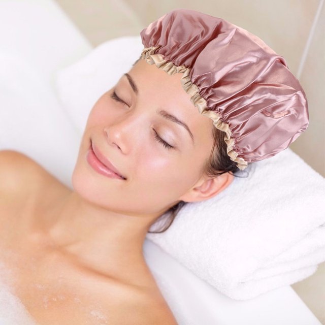 SHOWERORO 2Pcs Waterproof Pink Shower Cap Double Layer Bathing Hat for Hair Care