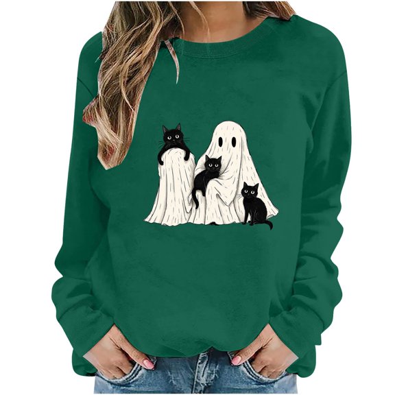 Turilly Cute Women's Halloween Graphic Pullover Sweatshirt Long Sleeve Crewneck Ghost with Cats Design for Festive Fall Outings
