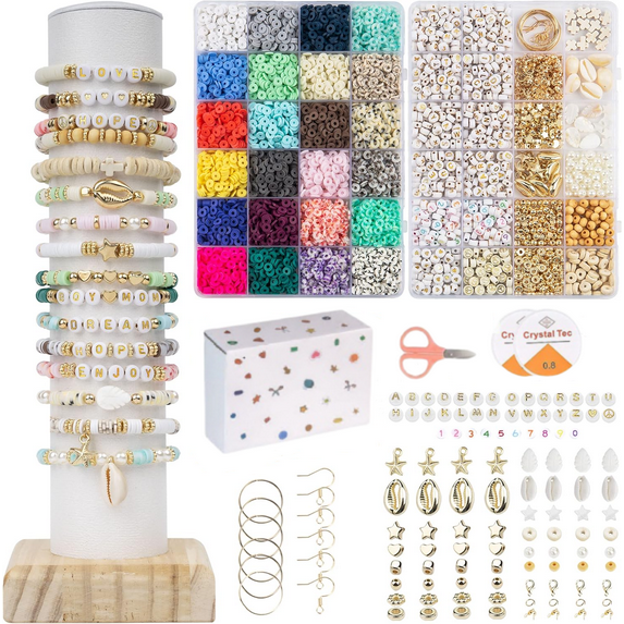 HTSQYL 7200 Clay Beads Bracelet Making Kit, 24 Colors Flat Preppy Beads for Friendship Bracelets, Polymer Clay Beads with Charms for Jewelry Making, Crafts Gifts for Girls Ages 6-12