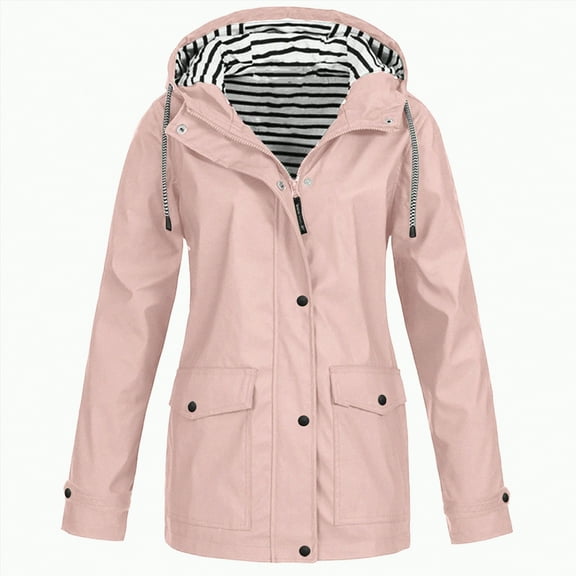 Godom Women Casaul Solid Jackets Outdoor Plus Size Drawstring Zipper Hooded Raincoat Windproof Tops Coat with Pocket