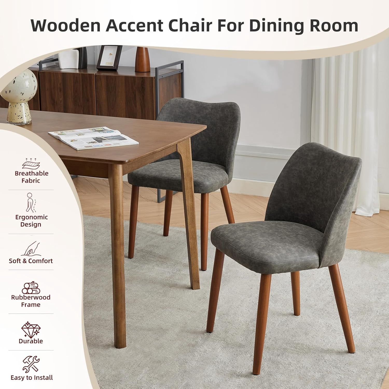 2-pcs Dining Chair,Leather Upholstered Dining Chair with Wood Legs, Wing Backrest, Wooden Kitchen Chair, Kitchen Chairs with Thick Cushions for Dining Room, Living Room