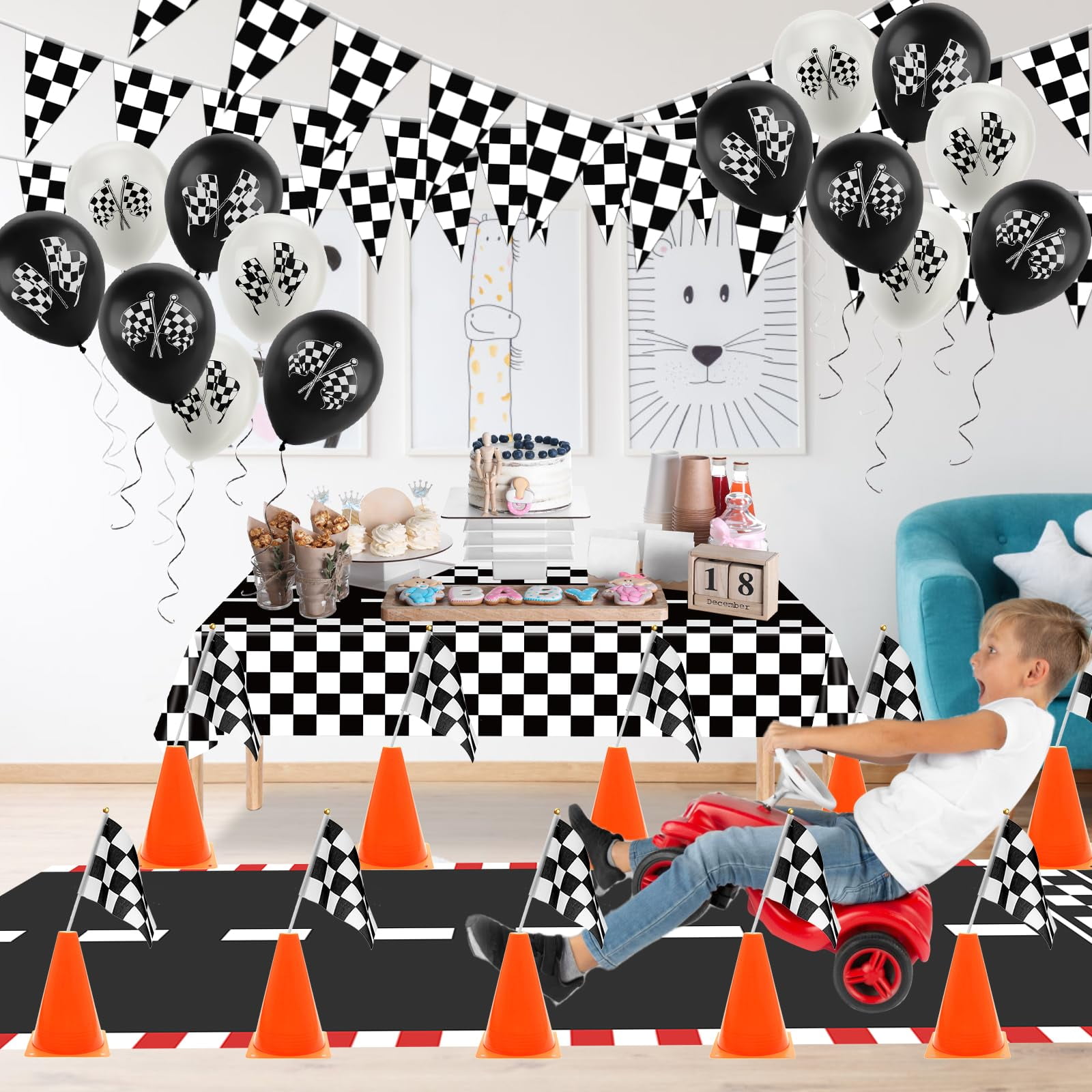 Race Car Party Decorations, Plutput 61 Pcs Set-12 Traffic Cones and 24 Racing Checkered Flags, 6.5Ft Racetrack Floor Runner and 9.8ft Checkered Race Track Banner, Tablecloth, Balloons and Ribbons
