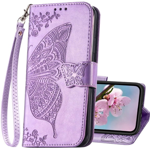 Compatible with iPhone 14 Wallet Case for Women,Butterfly Embossed PU Leather Flip Folio Cover Credit Card Holder Slots Wrist Strap Wallet Phone Case for iPhone 14 6.1 Inch (Lavender)