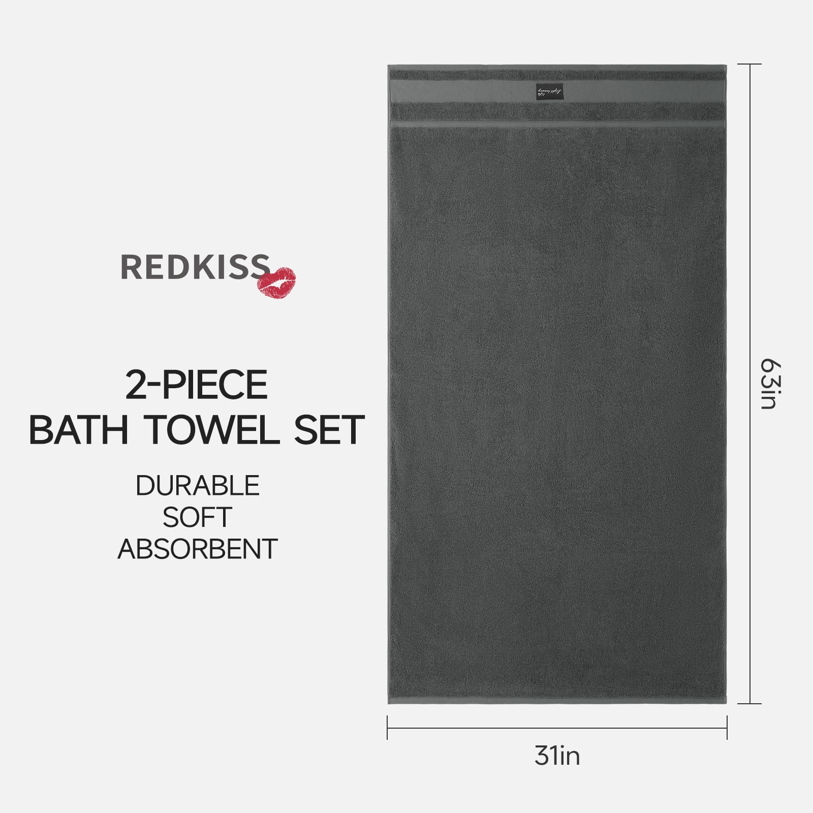REDKISS 100% Cotton Bath Towels Set 2 Pack, 31x63 760GSM Luxury Dark Gray Towels. Shower Towels for Bathroom, Hotel Quality Toallas Para Baño.