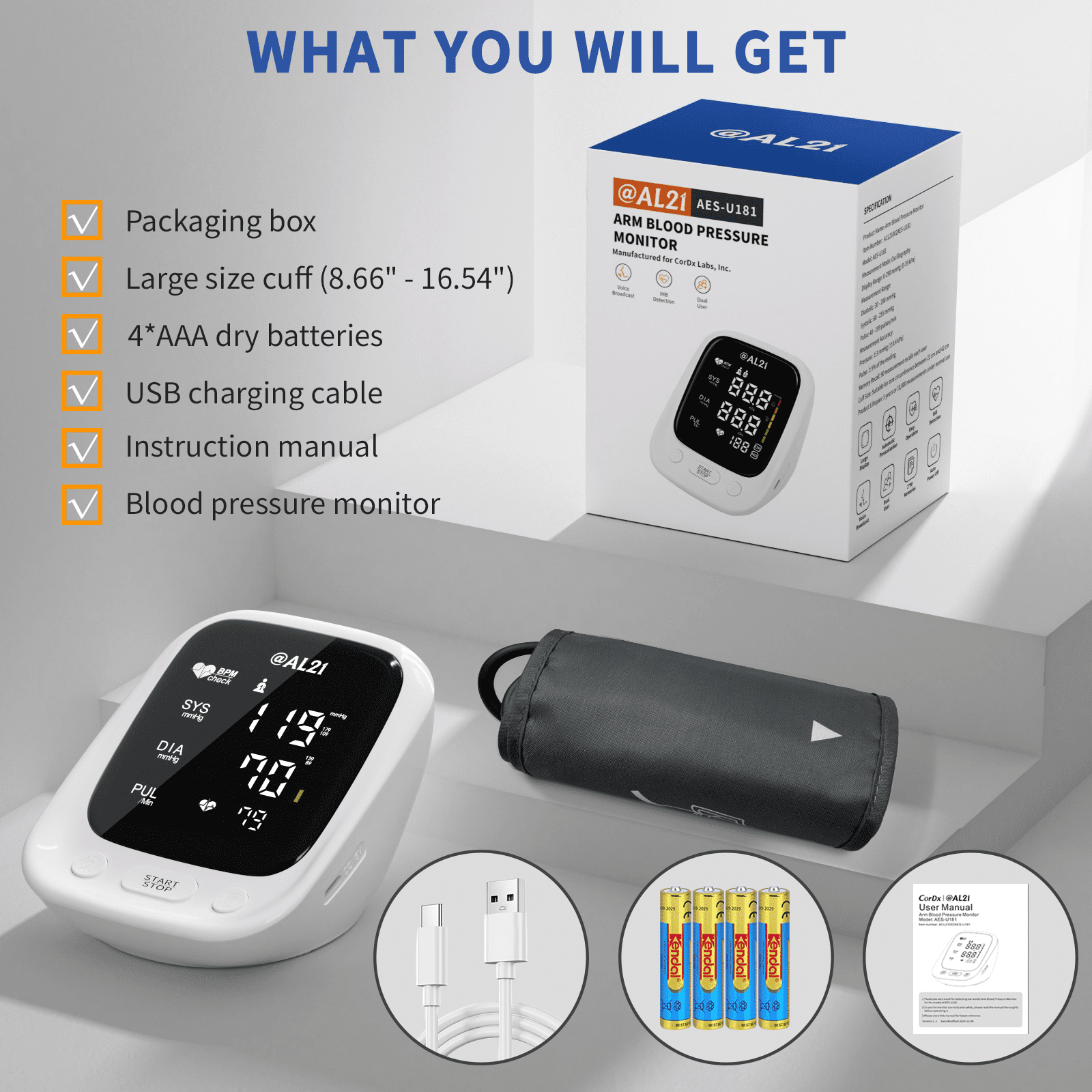 @AL21 Upper Arm Digital Blood Pressure Monitor with LCD Display, Adjustable Cuff, Arm Monitor, Batteries, Carry Bag
