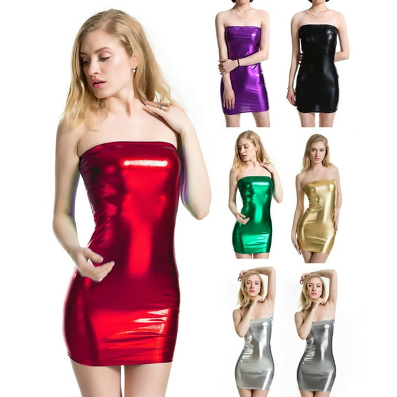 Women's Club Dress Faux Leather Strapless Mini Dress Slim Sleeveless Night Club Party Bodycon Dress