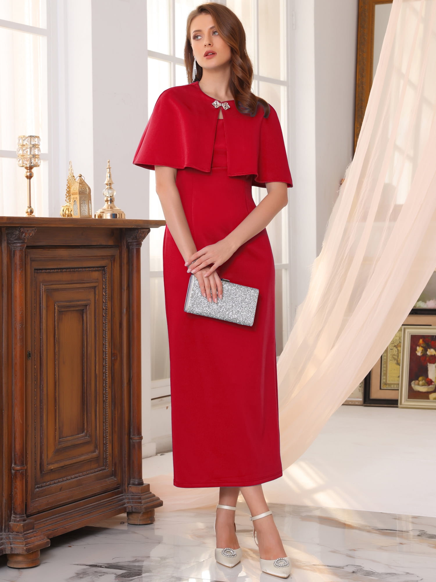 DARING DIVA Women's Cocktail Wedding Guest Dress with Cape M Red
