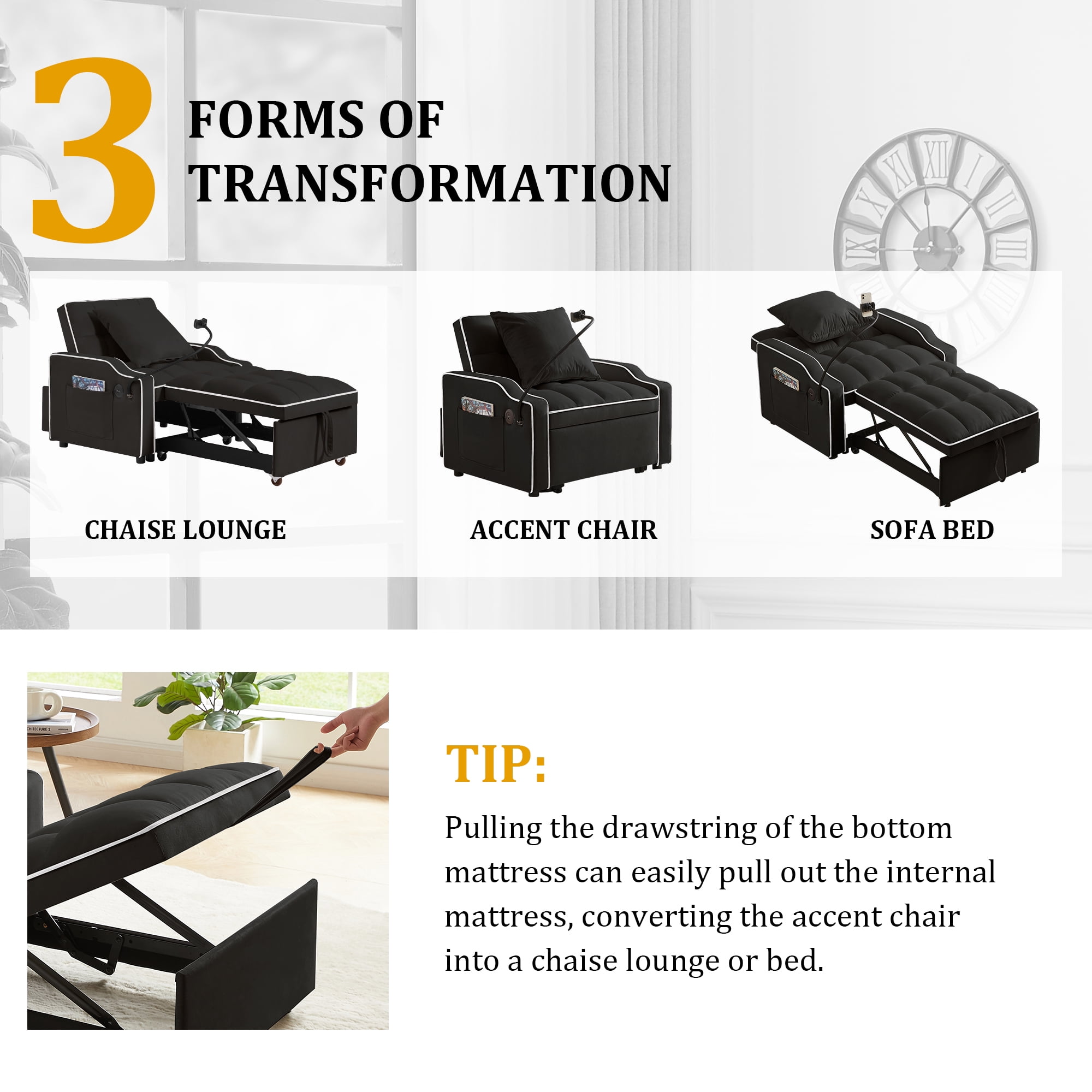 MOONMISS 3 in 1 Sleeper Sofa Chair Bed,Velvet Adjustable Recliner with Charge Ports&Phone Holder,Black
