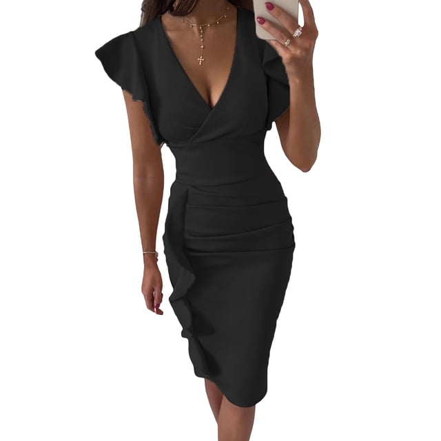 VISgogo Vestido de manga corta ajustado para mujer, de una pieza con escote en V profundo de color sólido en 10 colores, S / M / L / XL VISgogo moda