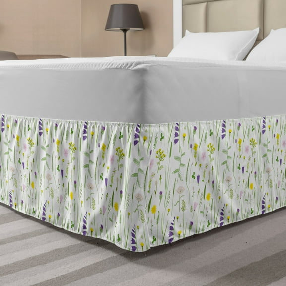 Floral Bed Skirt, Continuous Delicate Wild Flowers on Plain Backdrop, Elastic Bedskirt Dust Ruffle Wrap Around for Bedding Decor, 4 Sizes, Lime Green Violet, by Ambesonne