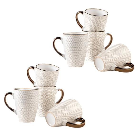 8 Pcs Ceramic 16 Oz Coffee Mug Set -  Large Coffee Mugs - Embossed Stoneware Cups with Handle for Latte Tea Cappuccino Cocoa - Microwave Dishwasher Safe - White