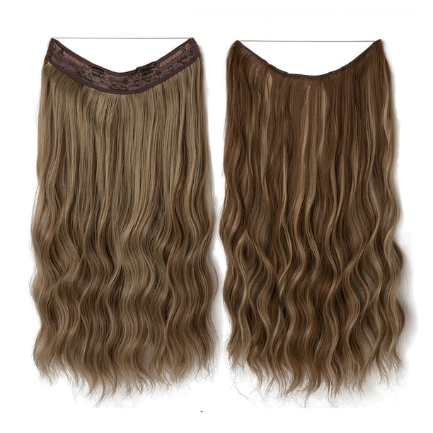 Xiao Hua Extensiones de cabello de alambre, gruesas, rizadas, onduladas, invisibles, con clip, sintéticas, para mujer, 20 pulgadas, color rubio castaño oscuro