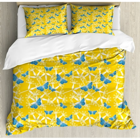 Yellow And Blue Queen Size Duvet Cover Set Butterflies With