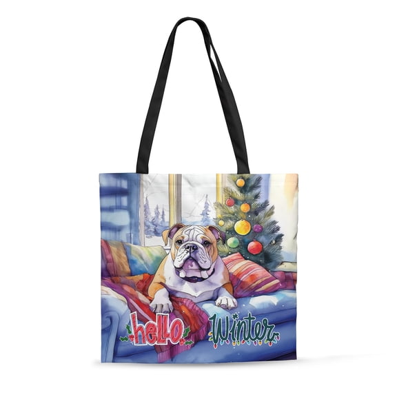 Watercolor Hello Winter Bulldog Chill Christmas Welcome All Over Print 3D Canvas Tote Bag Dog Lover Gifts Idea Reusable Handbag - 00016