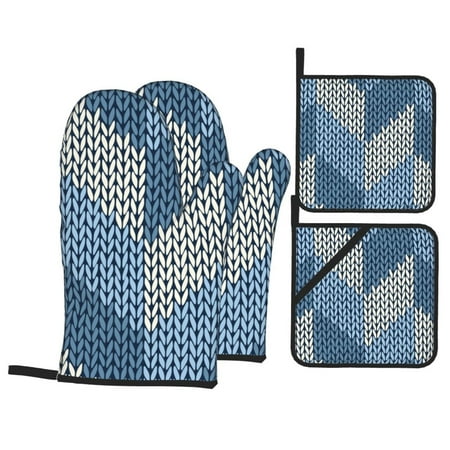 

Oven Mitts and Pot Holders Sets 4 pcs - Cozy Knitted Blue Chevron Heat Resistant Silicone Oven Gloves with Non-Slip Silicone Surface and hot pads for kitchen Baking Cooking BBQ