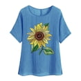 thumbnail image 3 of Feancey Womens Casual Tops Short Sleeve Linen Blouse Summer Boho Floral Print T Shirts Side Slit Loose Crewneck Tee Vintage Beach Vacation Tshirt Spring Sale 2025 Blue XL, 3 of 5