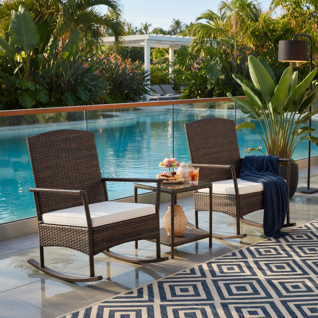Hommoo 3-Piece Outdoor Patio Rocking Set, Wicker Rocking Chairs with Double-Tier Tempered Glass Coffee Table, PE Rattan, Includes Cushions & Easy Assembly, White