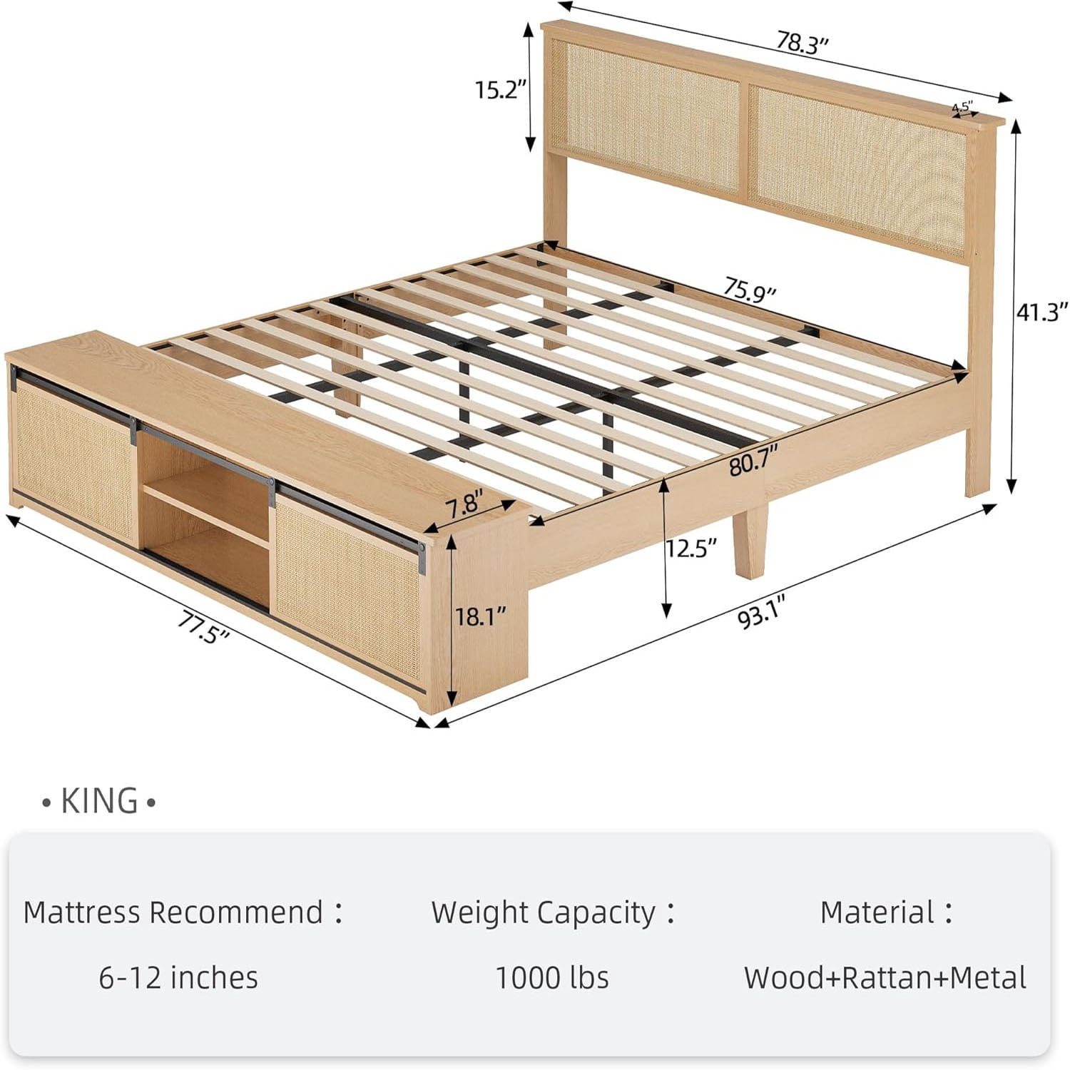 Ataucjin Natural Rattan King Size Bed Frame with Sliding Barn Door Storage Cabinets and Headboard, Boho Farmhouse Wood Platform Bed with Solid Wood Legs Support, No Box Spring Needed