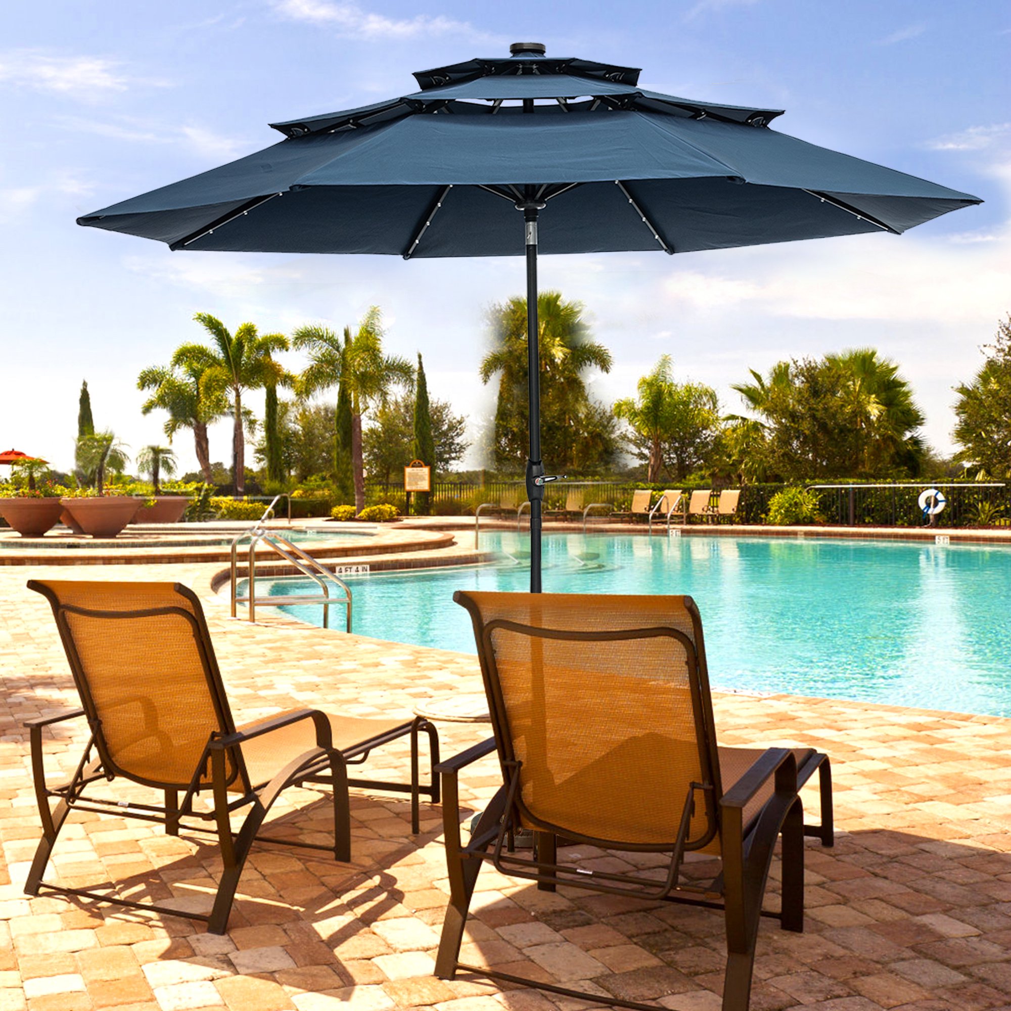 Ainfox 10Ft Outdoor Patio 3-layered Roof Solar Powered Umbrella W/ 40 LED  Lights 8 Sturdy Ribs ,Table Market Umbrella W/Tilt Adjustment and Crank for  Garden,Deck,Backyard,Pool(Navy Blue) - Walmart.com
