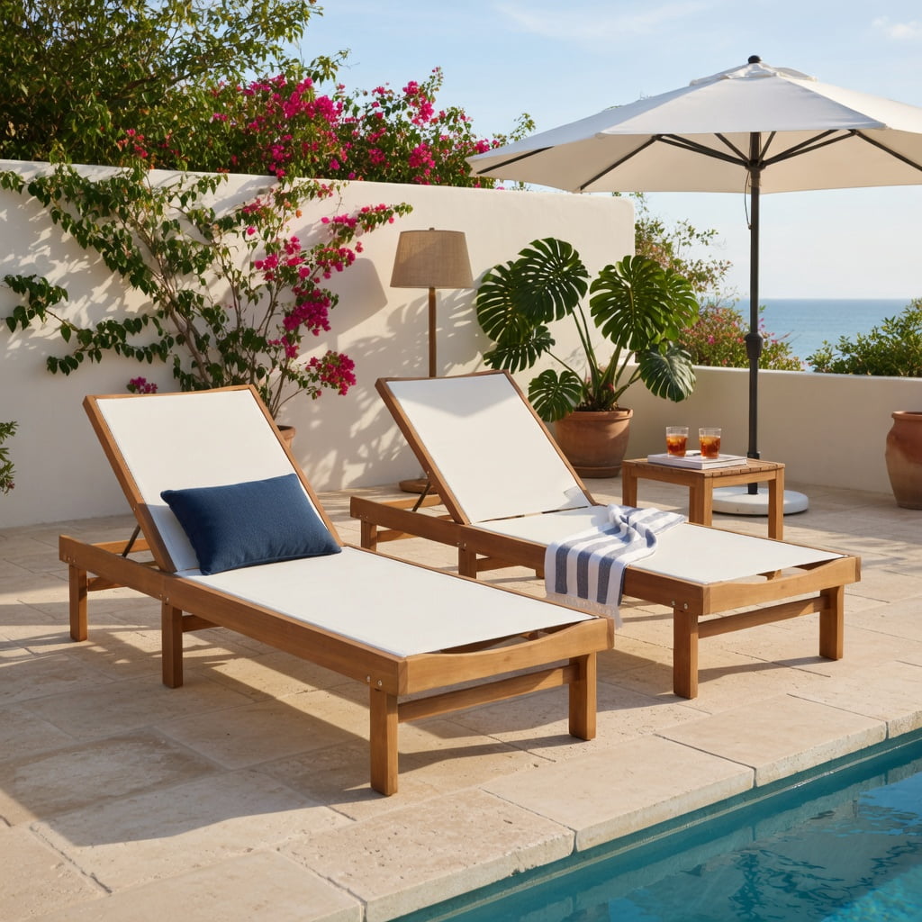 Hommoo Outdoor Teak & White Eucalyptus Wood Chaise Lounge Chair with 5-Position Adjustable Backrest, Breathable Fabric, Heavy-Duty Steel Frame, Poolside & Garden Use, White