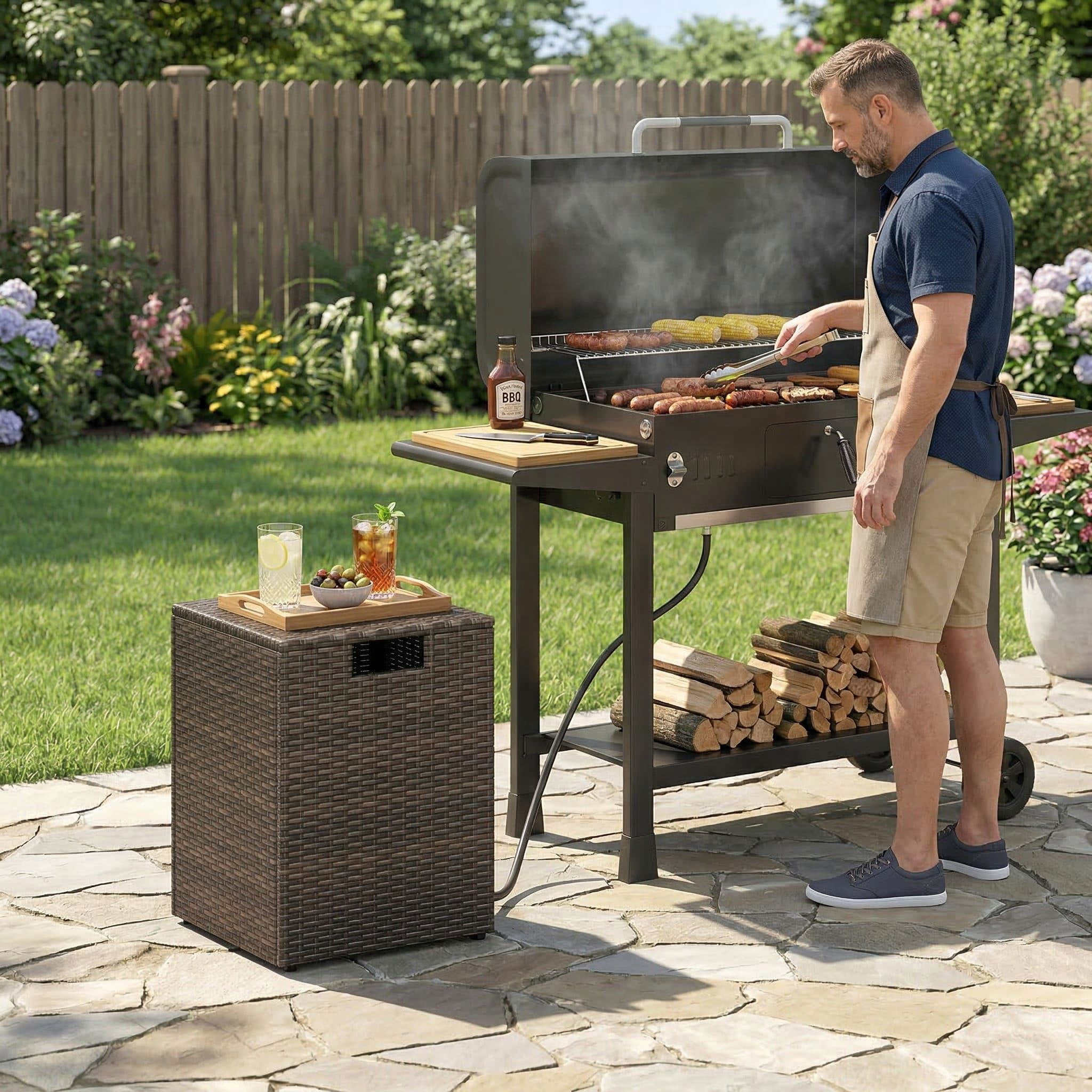 Resenkos Handwoven Rattan Propane Tank Cover, 2 in 1 Patio Hideaway Side Table for 20lb Gas Tank Storage and Outdoor Decor, Brown