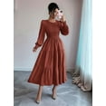 thumbnail image 5 of Autumn Women'S Long Sleeve Ruffled Round Neck Layered Flowing Wedding Guest Maxi Dress Brown M, 5 of 7