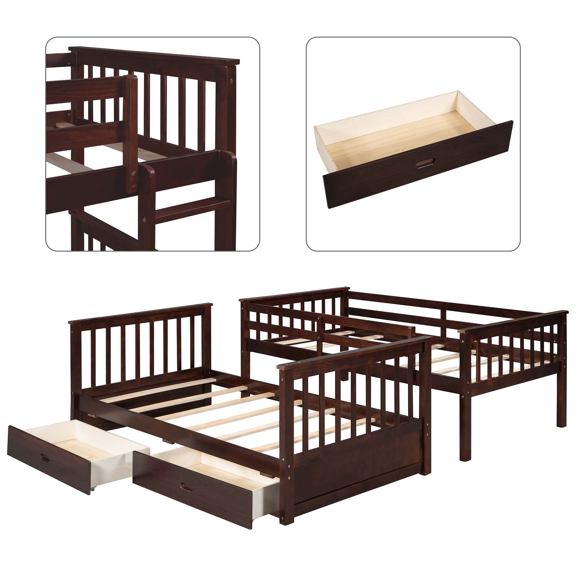 Aukfa Twin over Twin Bunk Bed with Two Storage Drawers, Wood Convertible Two Bed for Kids Teens - Espresso