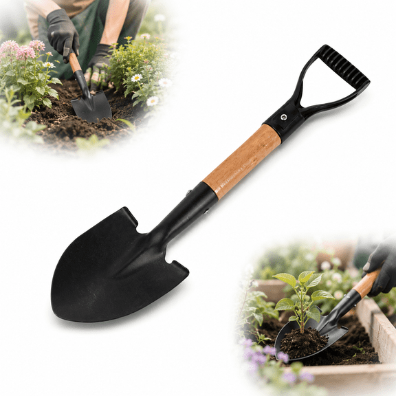 36cm Mini Garden Shovel with Wood Handle, Steel Short Handle Digging Spade with D-Grip for Planting, Transplanting and Soil Loosening