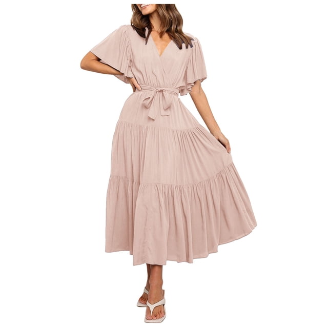 V Neck Commuting Printed Short Sleeved Waist Long Skirt Bohemian Dress