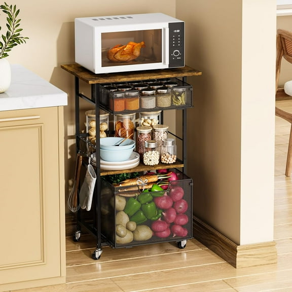 Microwave Stand with Drawers & Hooks,3-Tier Rolling Kitchen Cart for Small Spaces, Multifunctional Storage Organizer with Lockable Wheels Rustproof(Black  Vintage, 20.8 * 15.7 * 32.6inch)