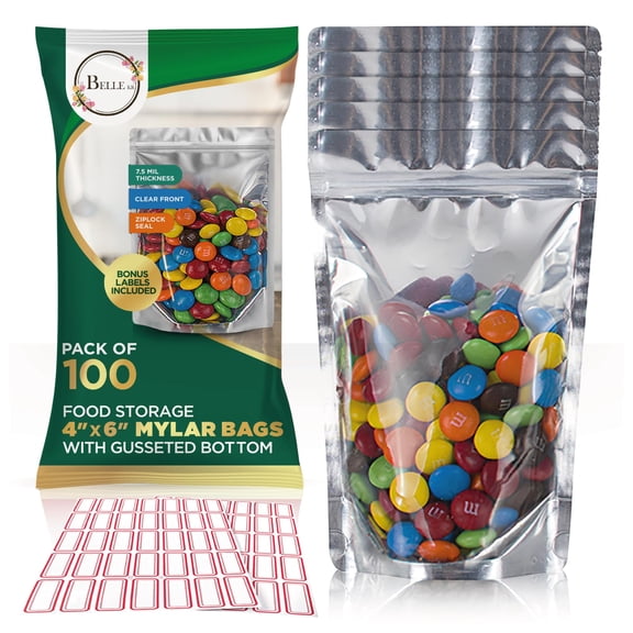 BELLE KR® 4x6 Mylar Bags for Freeze Dried Candy - Pack Of 100-7.5mil Thick - 1/2 Pint Stand Up Small Clear Mylar Bags with See Through Window for Freeze Drying - Labels Included