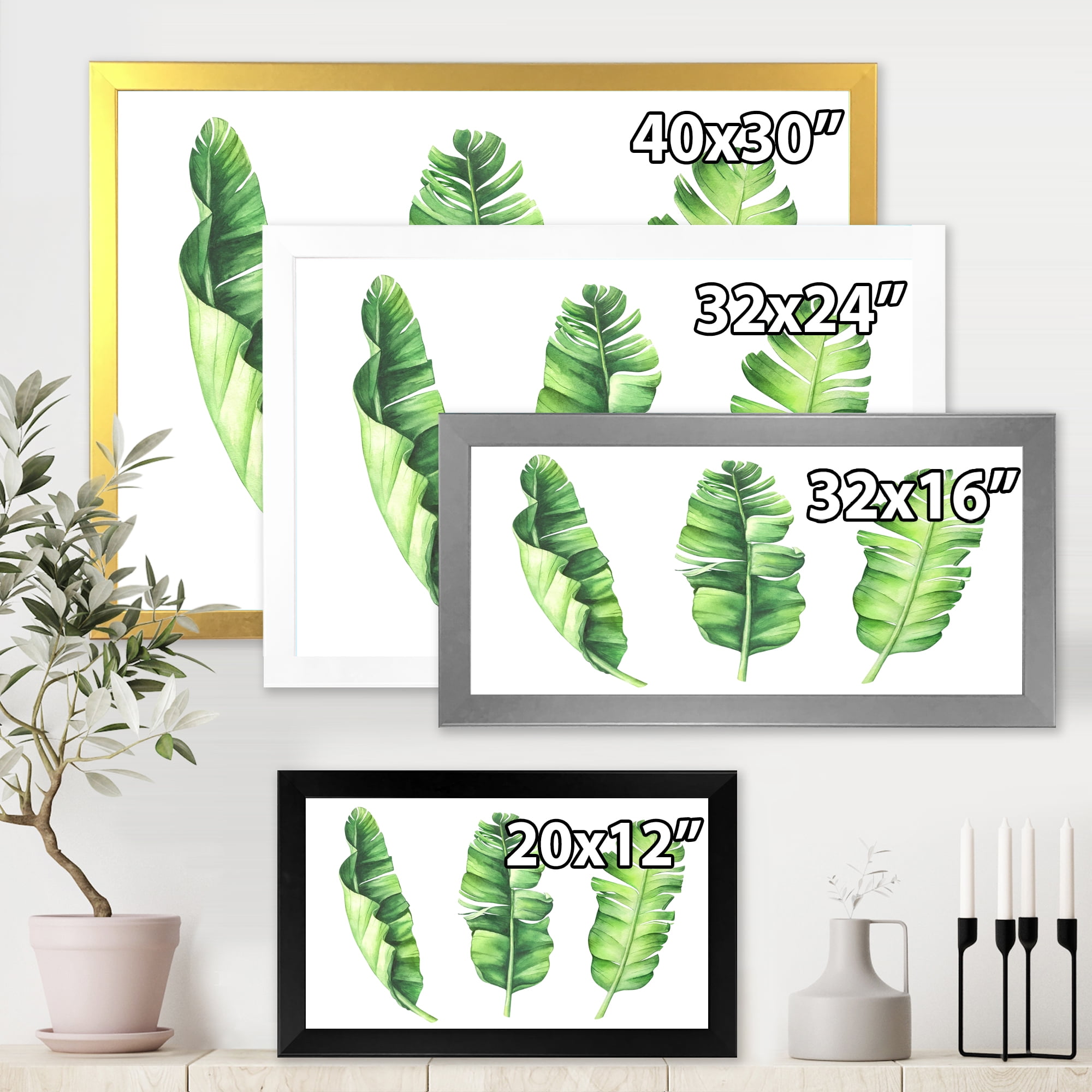 Designart 'Tropical Banana Leaves Set On White' Farmhouse Framed Art Print