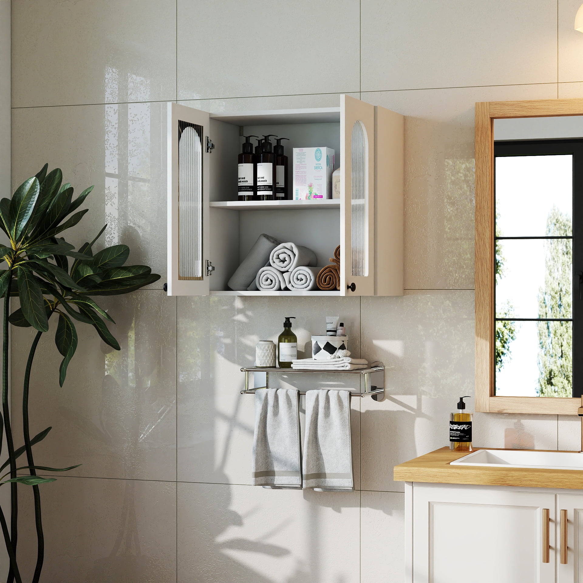 Wall Mounted Cabinet Arched Glass Door Floating Storage Cabinet for Kitchen Bathroom, White