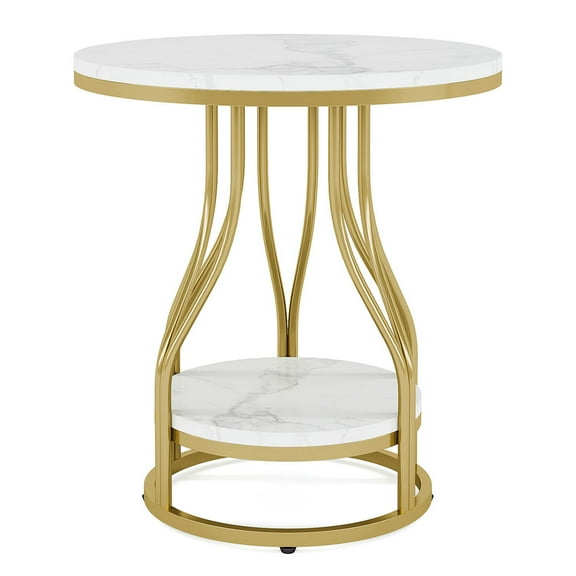 Barara King Nightstand Sofa Table, End Table, Side Table,2-Tier End Table, Round Sofa Side Table with Metal Frame,White & Gold