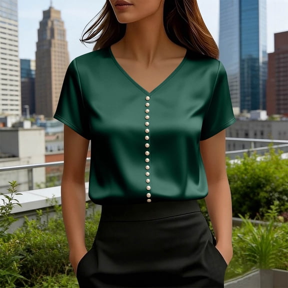 TaTaai Summer Fashion Solid Women's V Neck Short Sleeve Top, Pearl Embellished Casual Professional, Lightweight for Office Party Wedding Outfits Gift