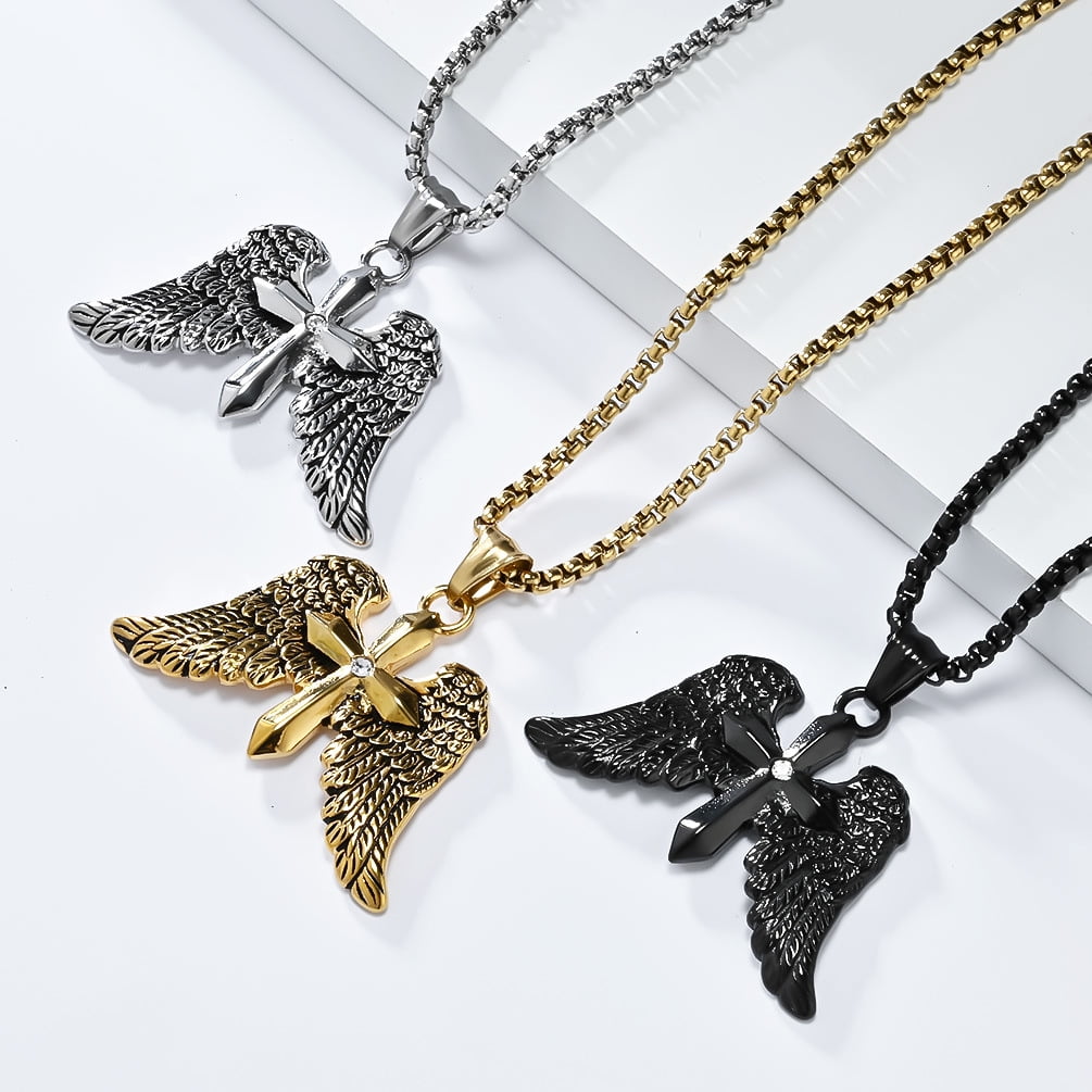Angel Wing Cross Necklace, Vintage Cross Pendant, Christian Jewelry, Men's Gift, 23.62-inch