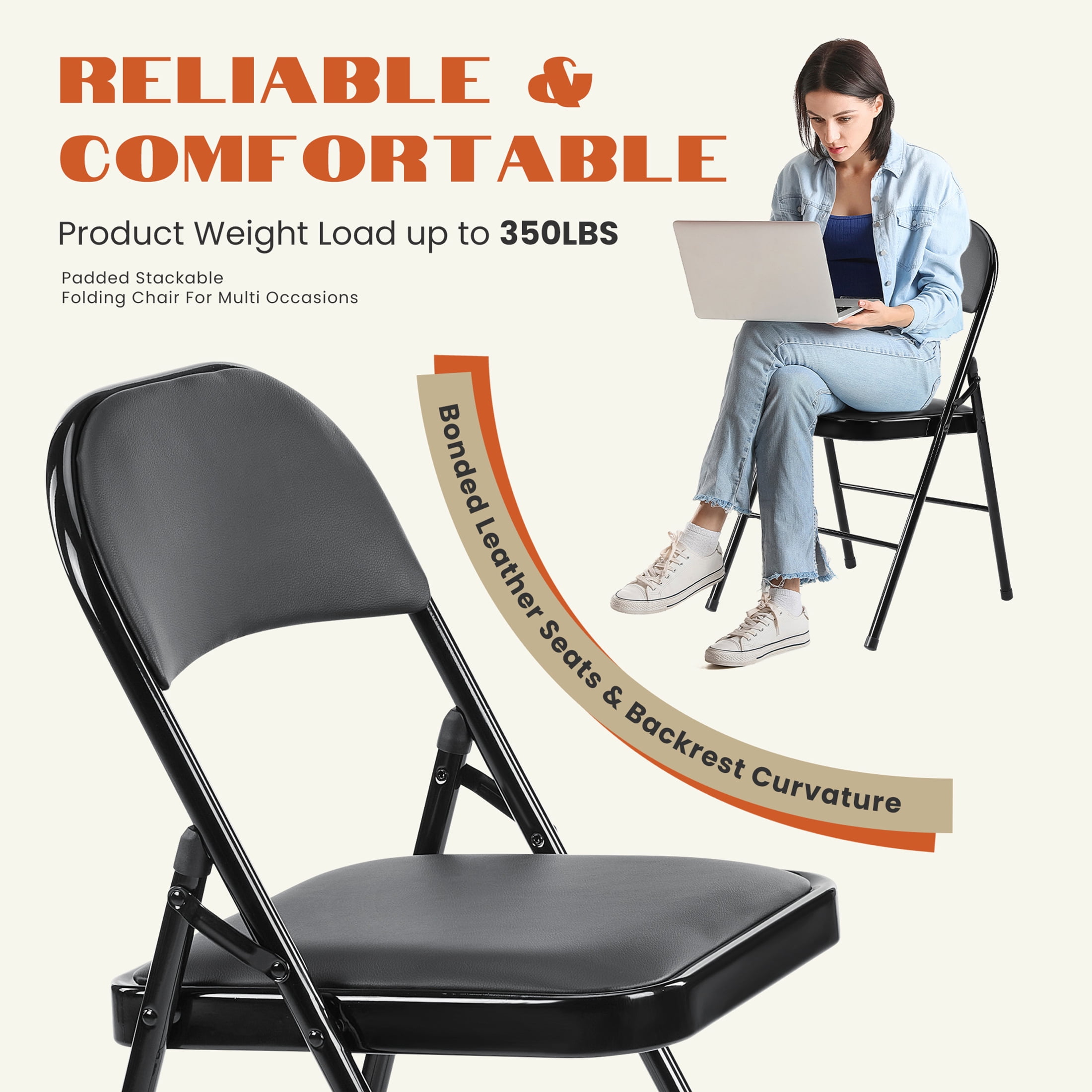 JIOABL Folding Chair 2 Pack, Convenient Leather Padded Folding Chairs, Black