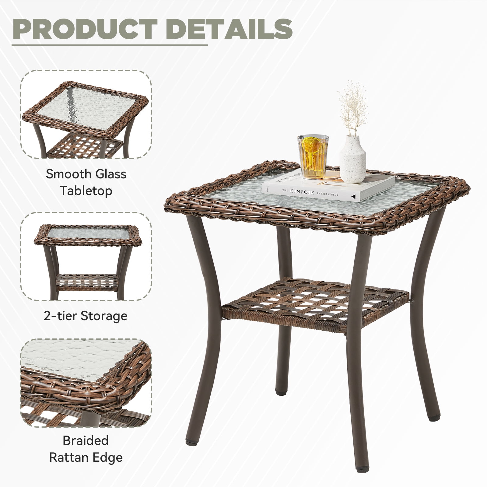 Hommoo 3-Piece Outdoor Furniture Set, Outdoor Swivel Gliders Rocker, Wicker Patio Bistro Set with Side Tablerd for Porch Deck Backyard, Beige