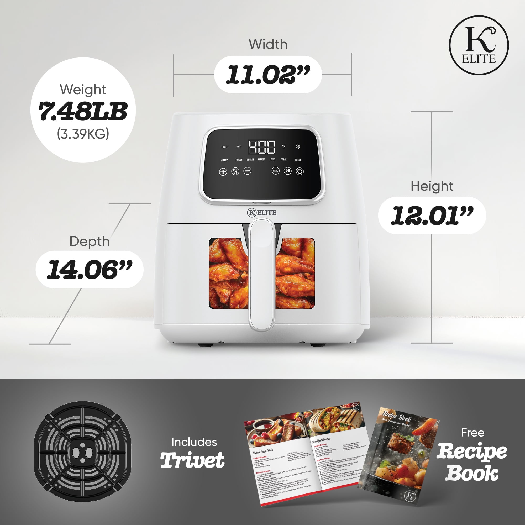 Kitchen Elite 5.5 Qt. Digital Air Fryer, Countertop Cooker with LED Screen, White