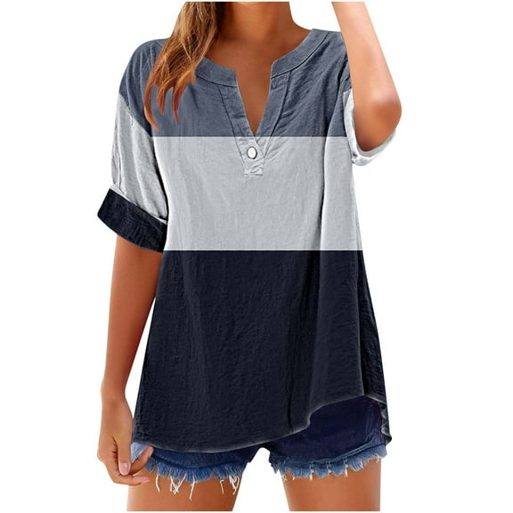TKLPEHG Dressy Tops for Women V-Neck Button Tunic Shirts Lightweight Short Sleeve Blouses Fashion Leisure Color Block Patchwork Graphic Tee Regular Blouses (Black,XL)