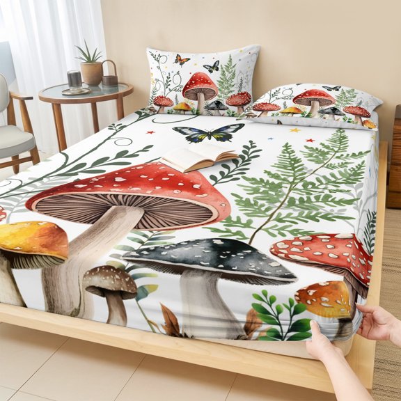 Twin Sze Fitted Sheet Set - Mushroom 2 Piece Bedding Sets 16" Deep Pocket Fitted Sheet with 1 Pillowcase, Butterfly Botanical Star Country Plant White Brushed Microfiber Hotel Luxury Bed Sheets