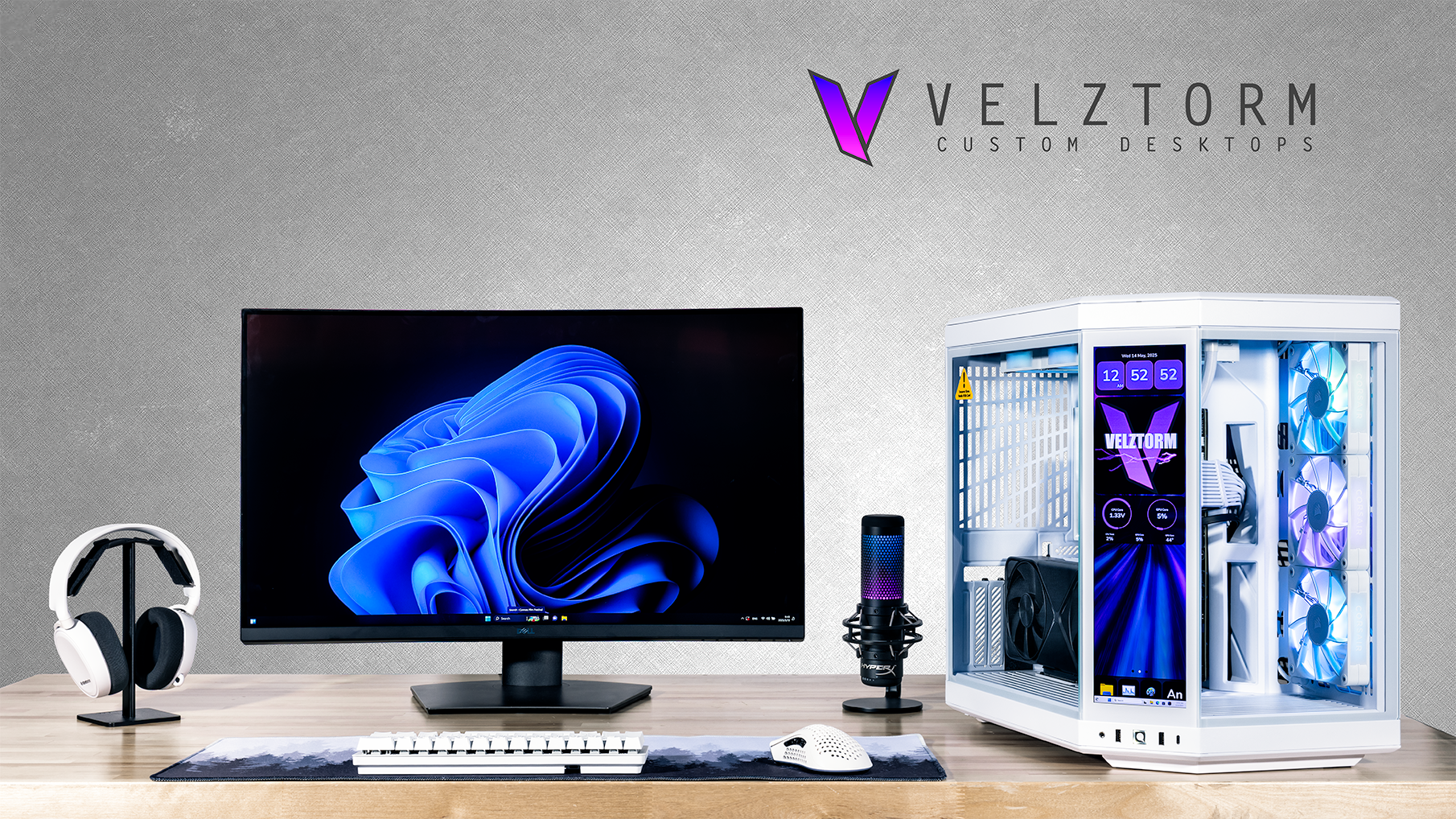 Velztorm LCD Praetix Custom Built Y70 Touch Gaming Desktop PC (Intel i9-14900K, RTX 5070 Ti, 32GB DDR5, 2TB PCIe SSD, RGB Fans, 360mm AIO, 1000W PSU, WiFi 6, BT 5.2, RJ-45, Win 11 Home)